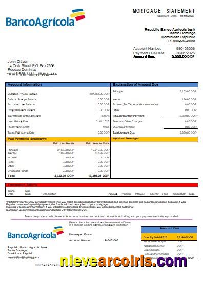 Dominican Republic Banco Agricola bank mortgage statement